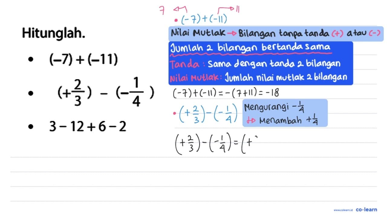 Hitunglah. - (-7)+(-11) - (+2/3) - (-1/4) - 3 - 12 + 6 - 2