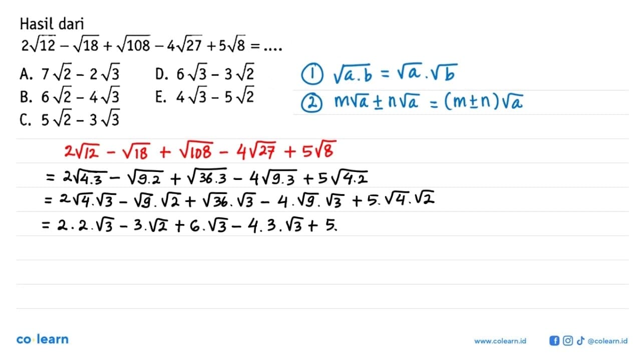 Hasil dari 2akar(12)- akar(18)+akar(108)- 4akar(27)