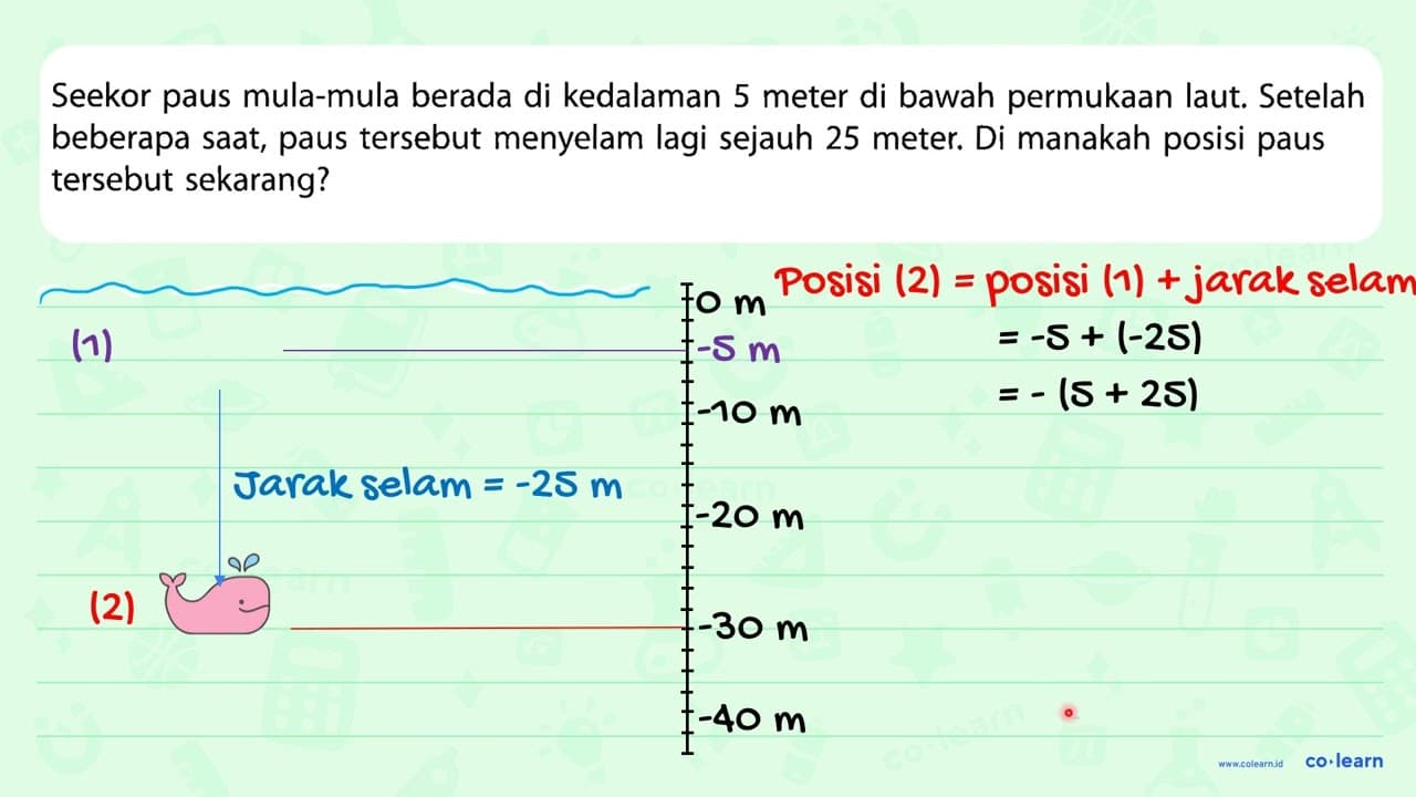 Seekor paus mula-mula berada di kedalaman 5 meter di bawah