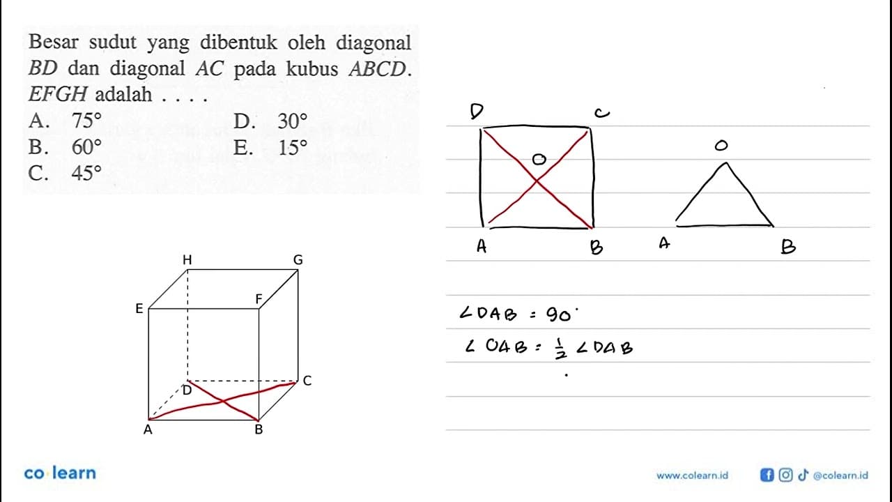 Besar sudut yang dibentuk oleh diagonal BD dan diagonal AC