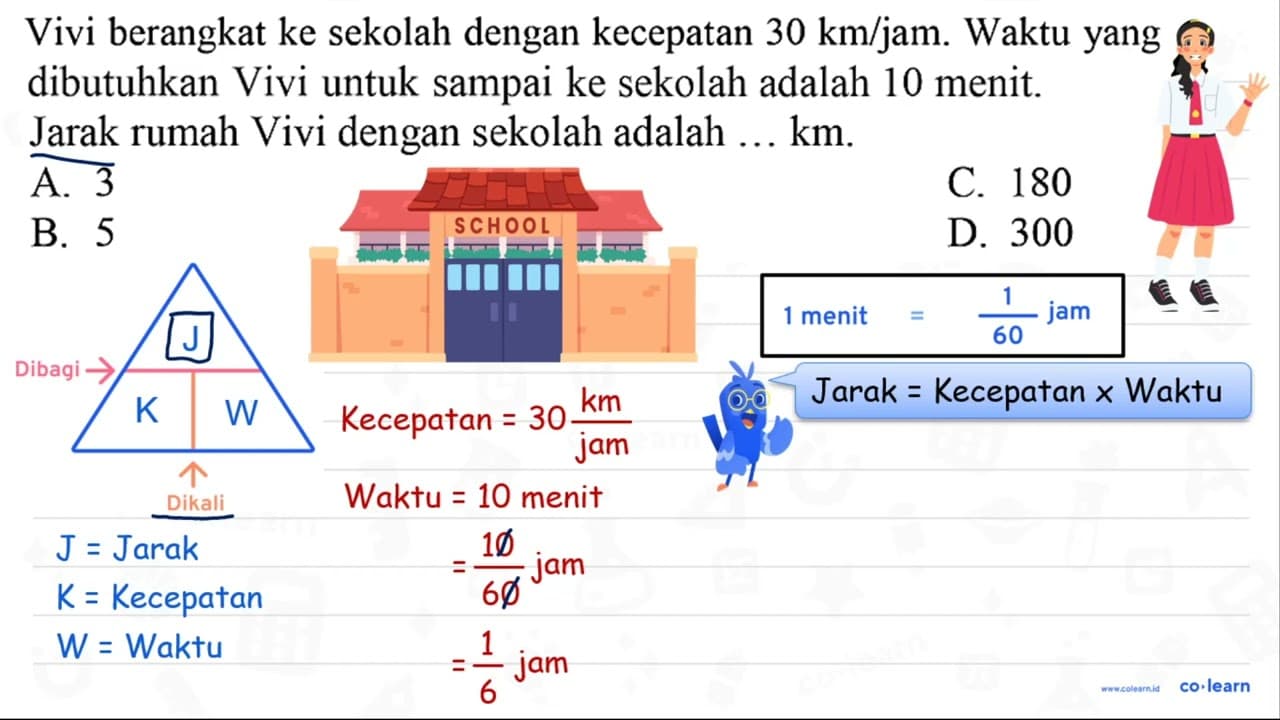 Vivi berangkat ke sekolah dengan kecepatan 30 ~km / jam .