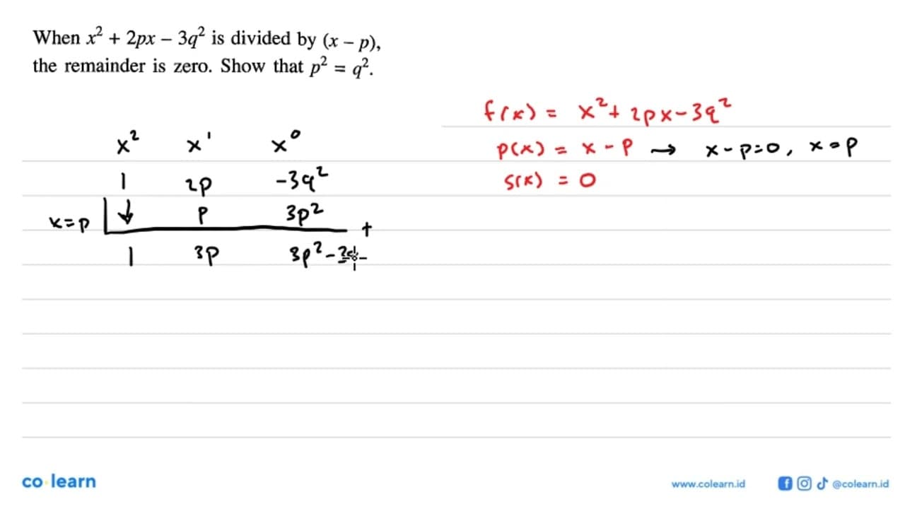 When x^2+2px-3q^2 is divided by (x-p), the remainder is