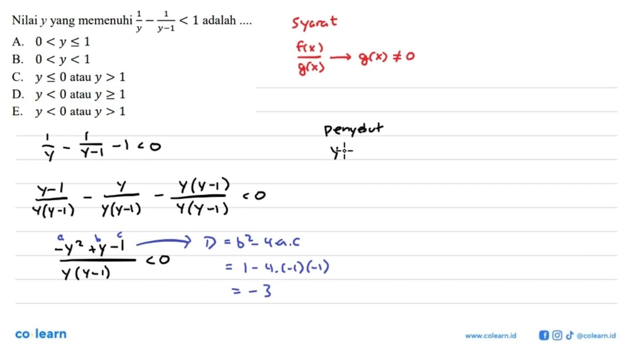 Nilai y yang memenuhi 1/y-1/(y-1)<1 adalah ...