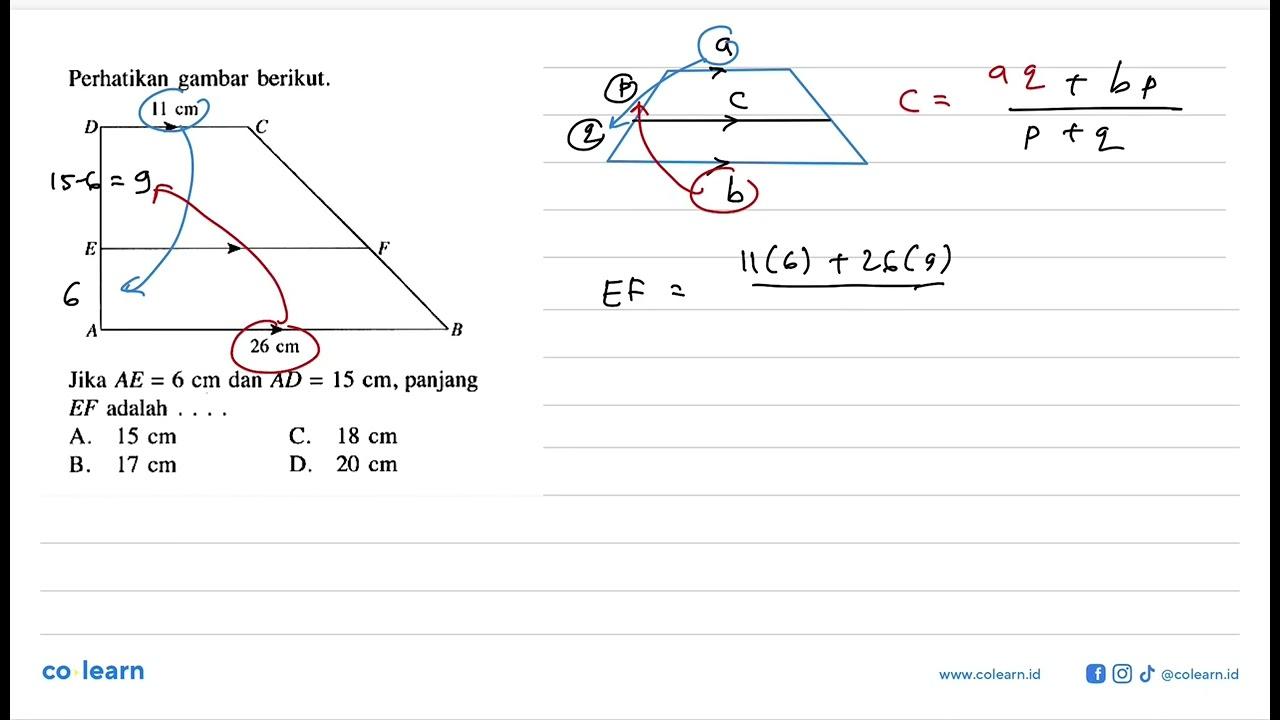 Perhatikan gambar berikut.A B C D E F 11 cm 26 cmJika AE=6