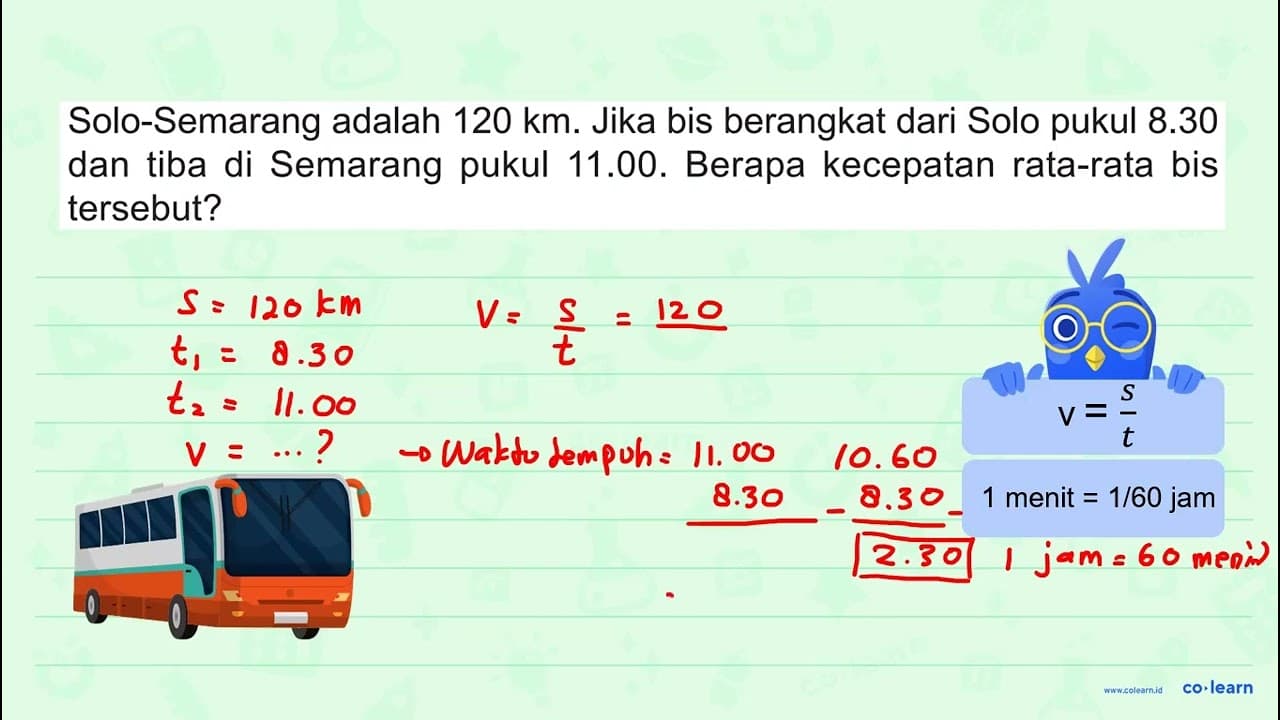 Solo-Semarang adalah 120 km. Jika bis berangkat dari Solo