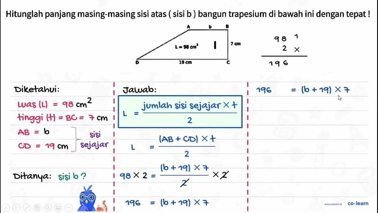 Hitunglah panjang masing-masing sisi atas ( sisi b) bangun