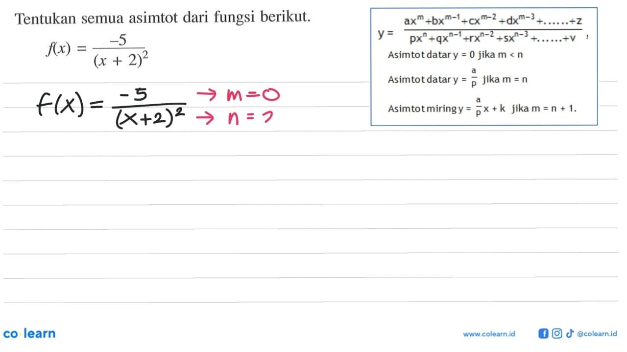 Tentukan semua asimtot dari fungsi berikut.f(x)=-5/(x+2)^2