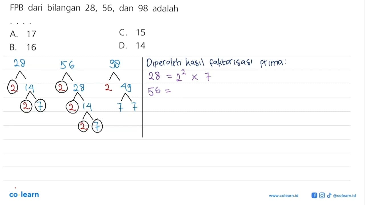 FPB dari bilangan 28, 56, dan 98 adalah