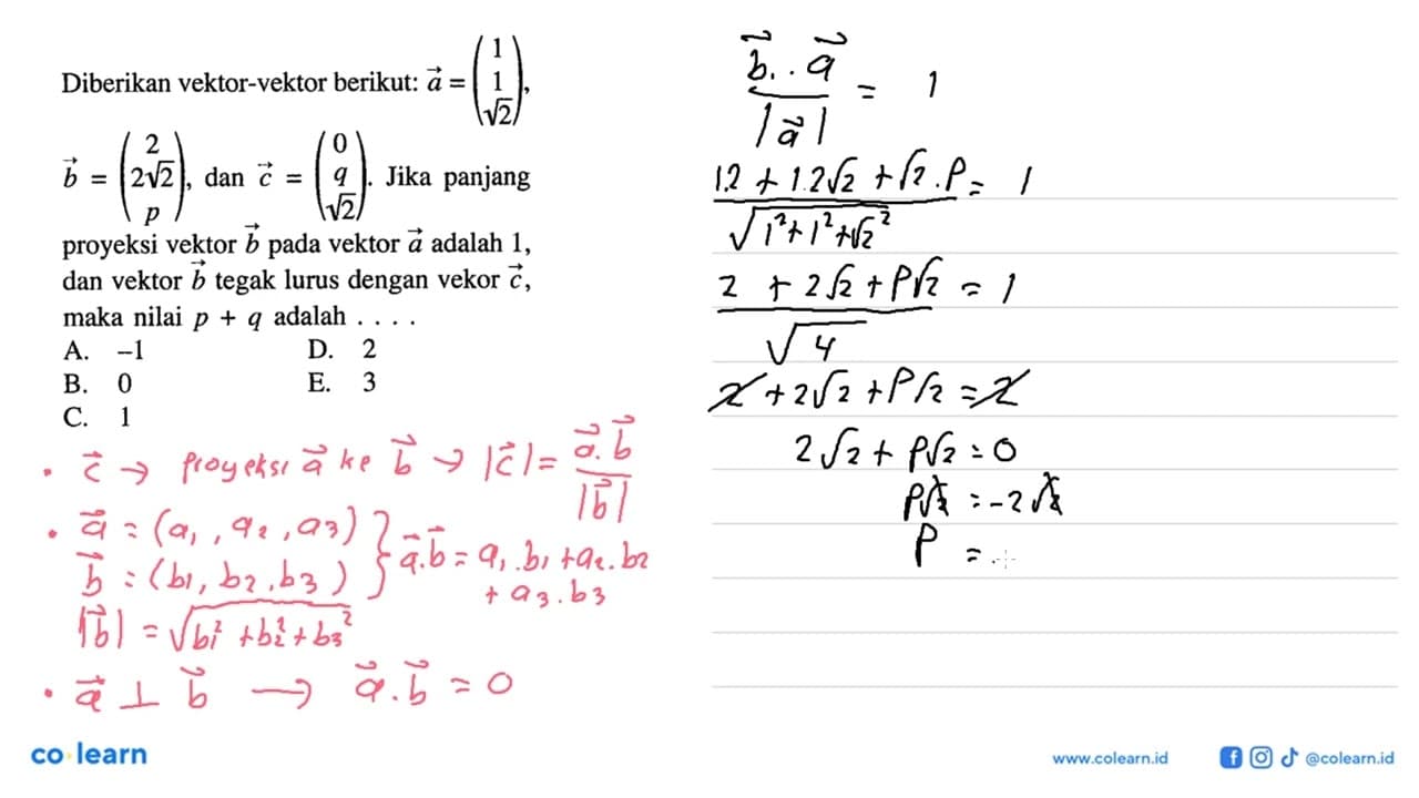 Diberikan vektor-vektor berikut: vektor a=(1 1 akar(2)) ,