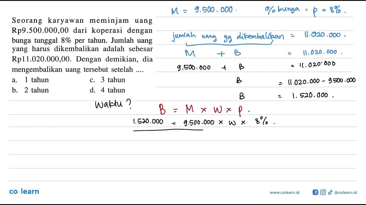 Seorang karyawan meminjam uang Rp9.500.000,00 dari koperasi