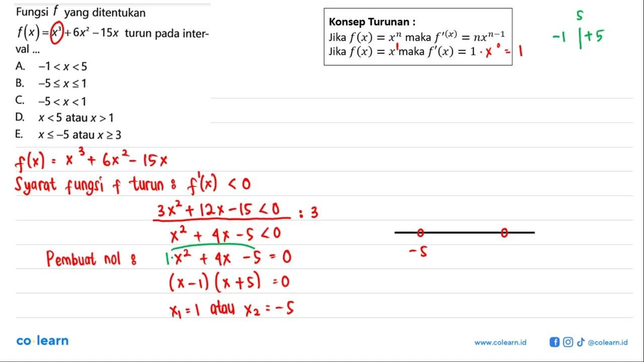 Fungsi f yang ditentukan f(x)=x^3+6x^2-15x turun pada