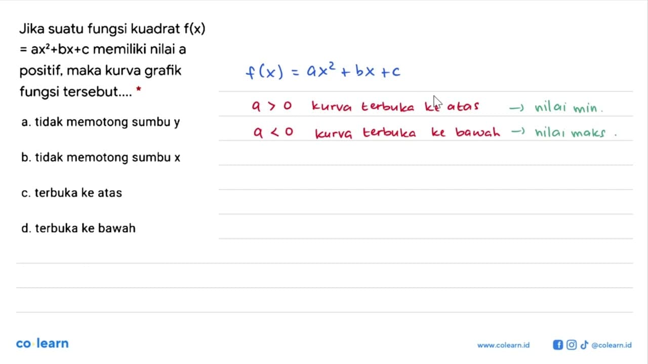 Jika suatu fungsi kuadrat f(x) =ax^2+bx+c memiliki nilai a