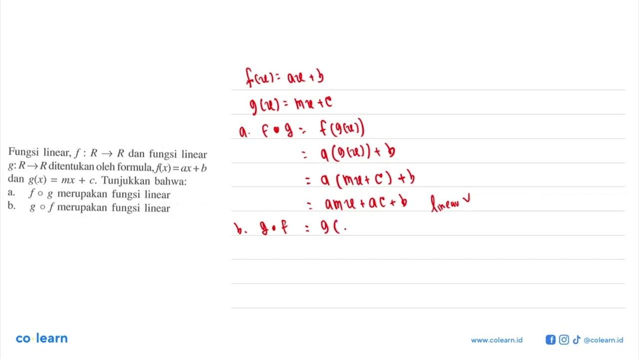 Fungsi linear, f:R->R dan fungsi linear g:R->R ditentukan