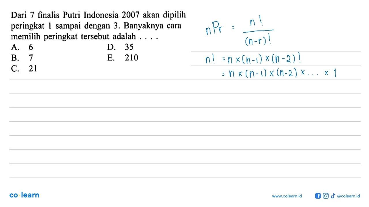 Dari 7 finalis Putri Indonesia 2007 akan dipilih peringkat