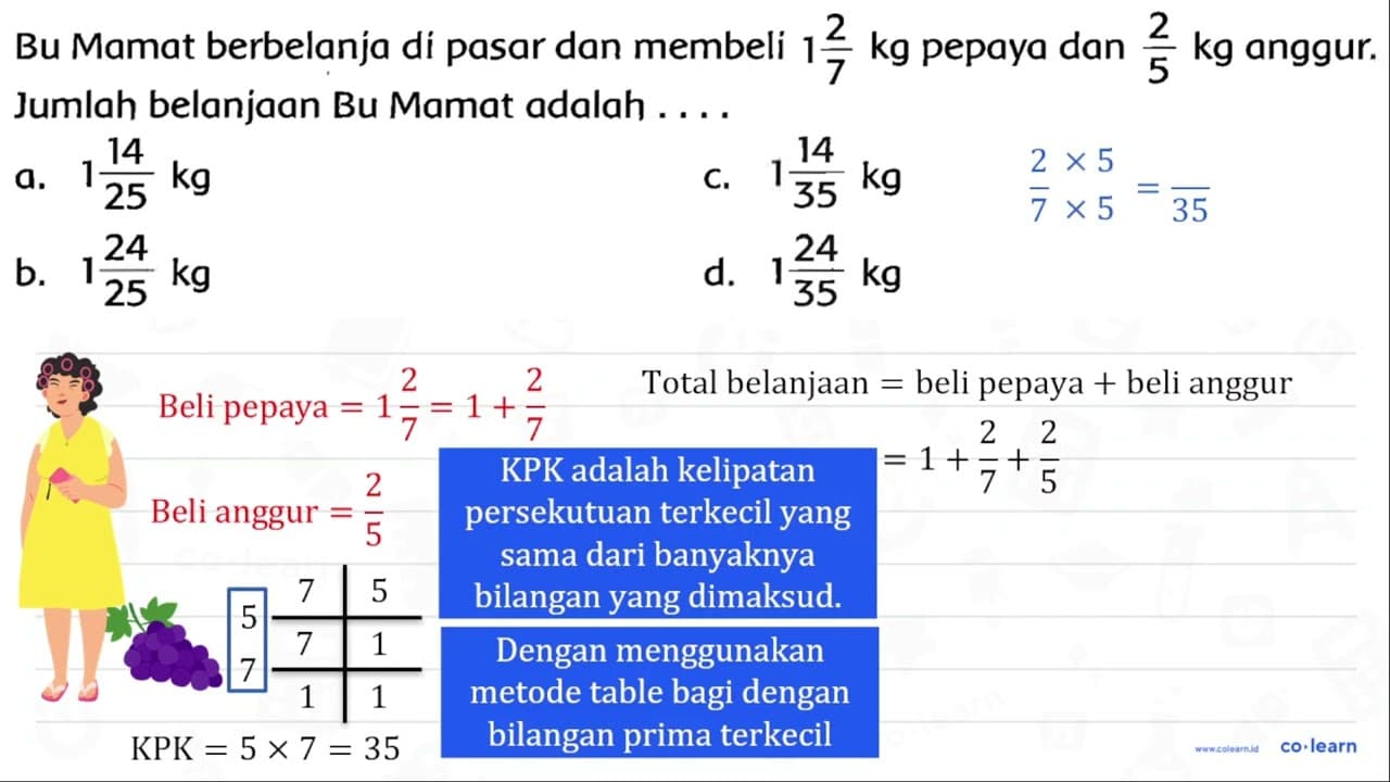 Bu Mamat berbelanja di pasar dan membeli 1 (2)/(7) kg