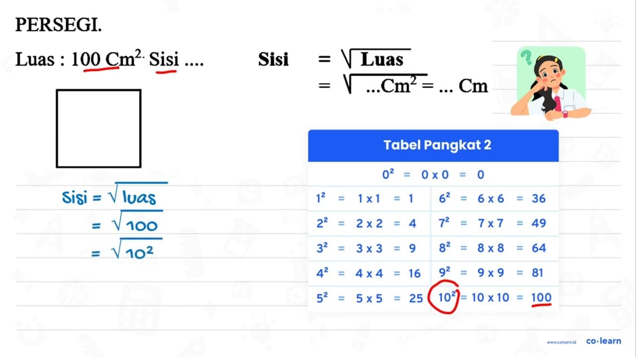 PERSEGI. Luas : 100 Cm^(2) Sisi .... { Sisi )