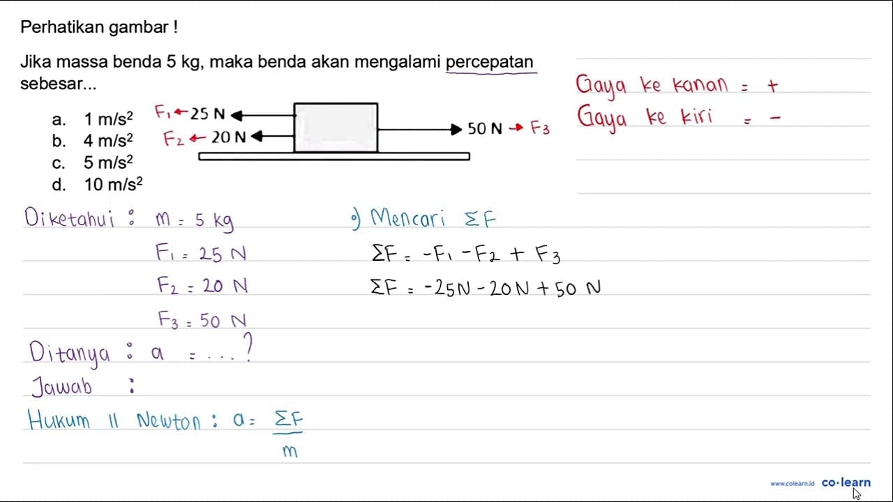 Perhatikan gambar ! Jika massa benda 5 kg , maka benda akan