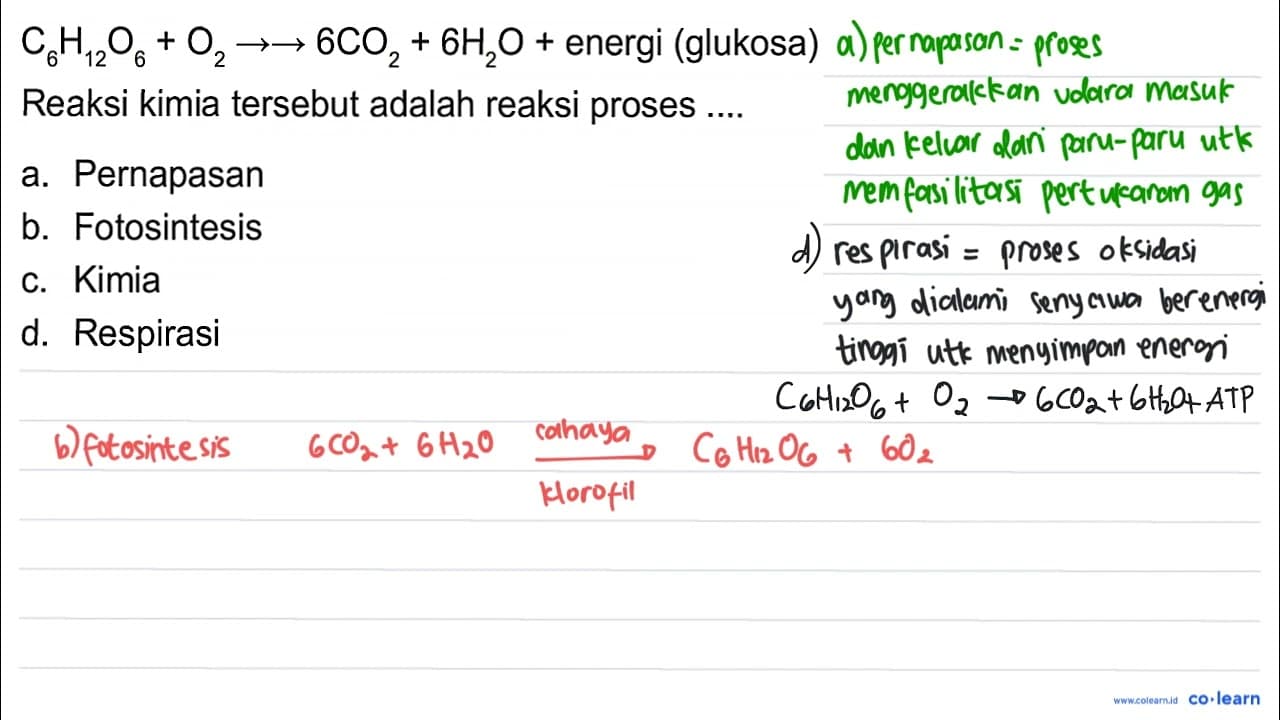 C6H12O6 + O2 - > 6CO2 + 6H2O + energi (glukosa) Reaksi