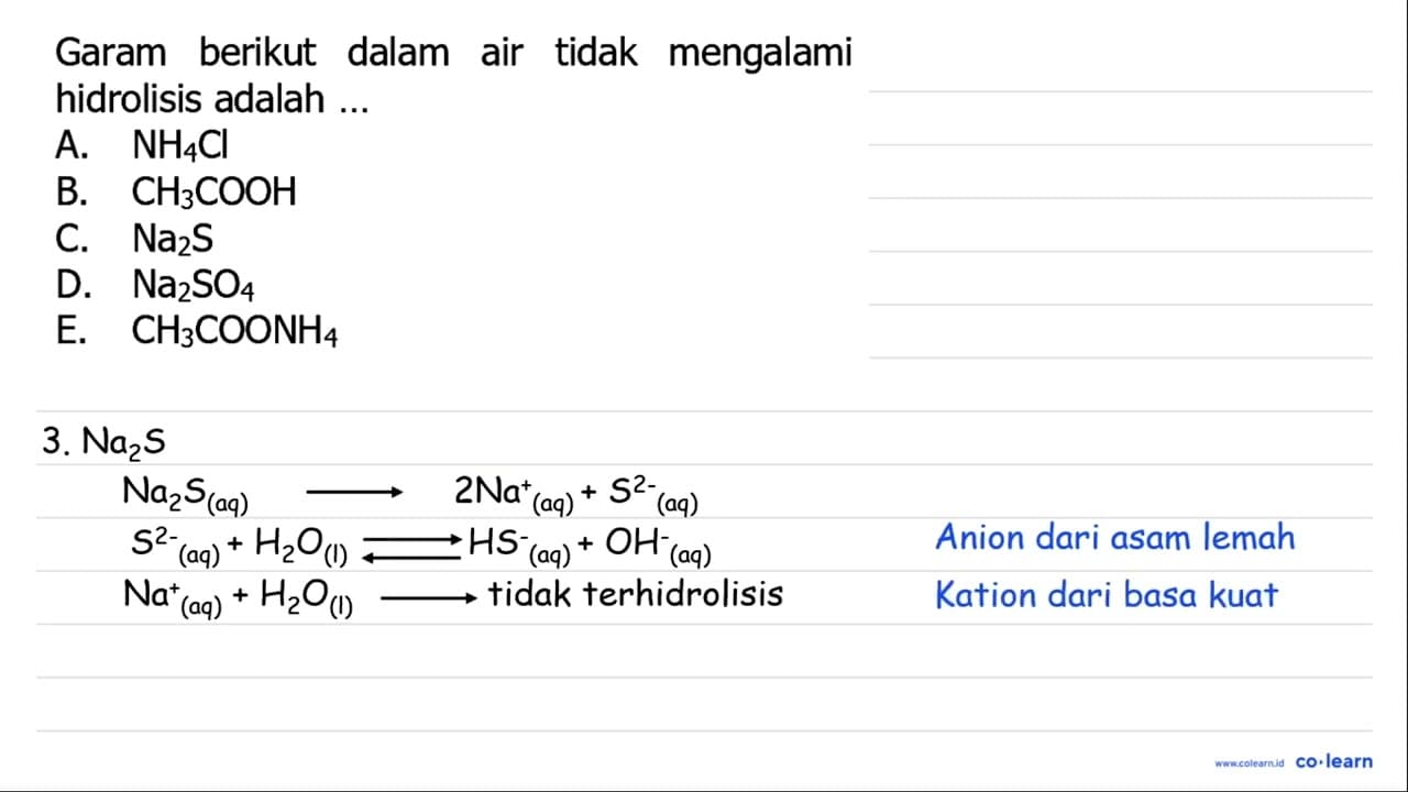 Garam berikut dalam air tidak mengalami hidrolisis adalah