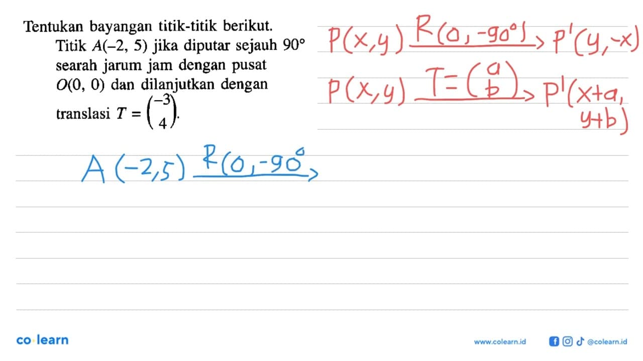 Tentukan bayangan titik-titik berikut. Titik A(-2, 5) jika