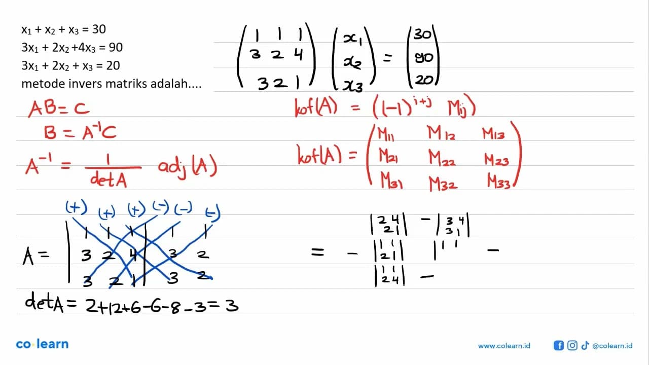 x1 + x2 + x3=30 3x1 + 2x2 + 4x3=90 3x1 + 2x2 + x3=20 metode