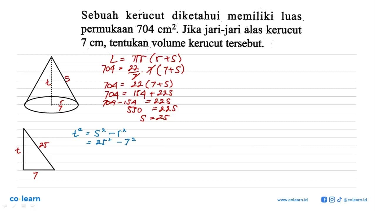 Sebuah kerucut diketahui memiliki luas permukaan 704 cm^2.