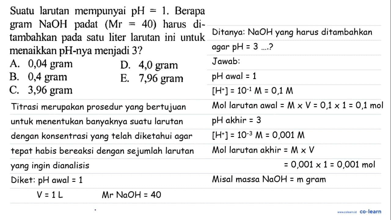 Suatu larutan mempunyai pH = 1. Berapa gram NaOH padat (Mr