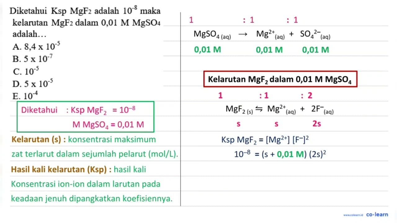 Diketahui Ksp MgF2 adalah 10^-8 maka kelarutan MgF2 dalam