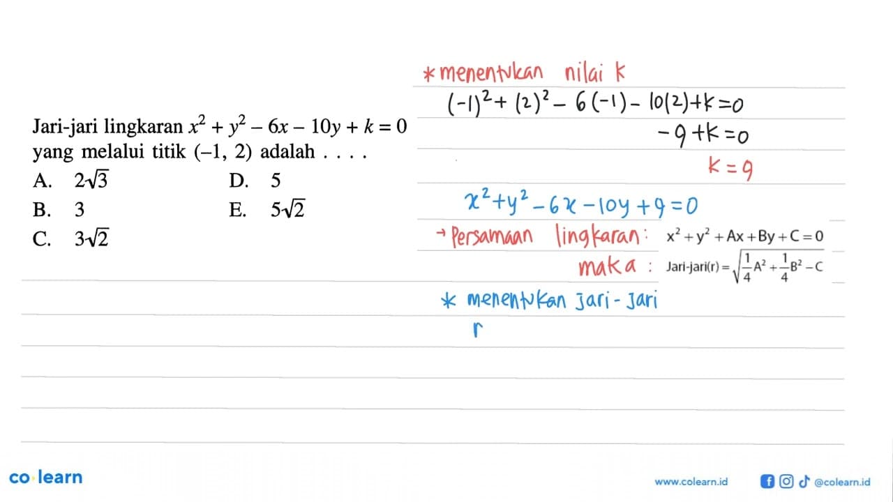 Jari-jari lingkaran x^2+y^2-6x-10y+k=0 yang melalui titik