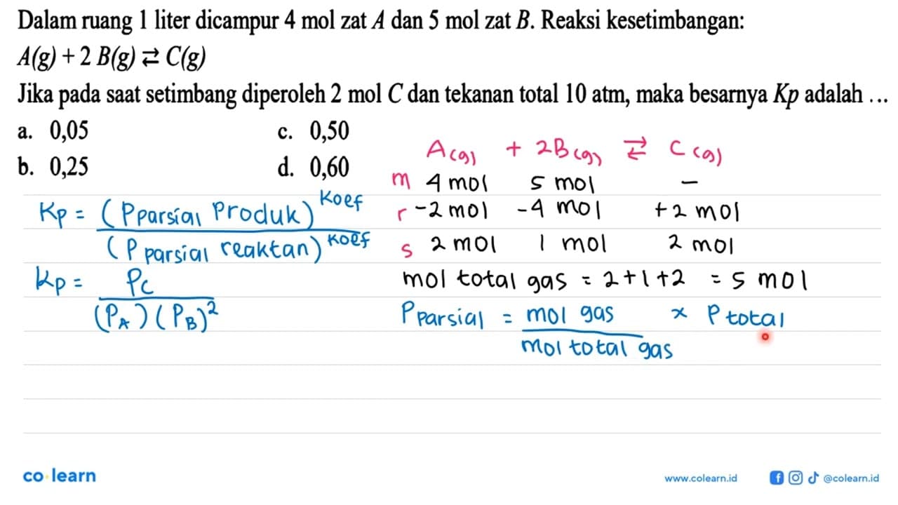 Dalam ruang 1 liter dicampur 4 mol zat A dan 5 mol zat B.