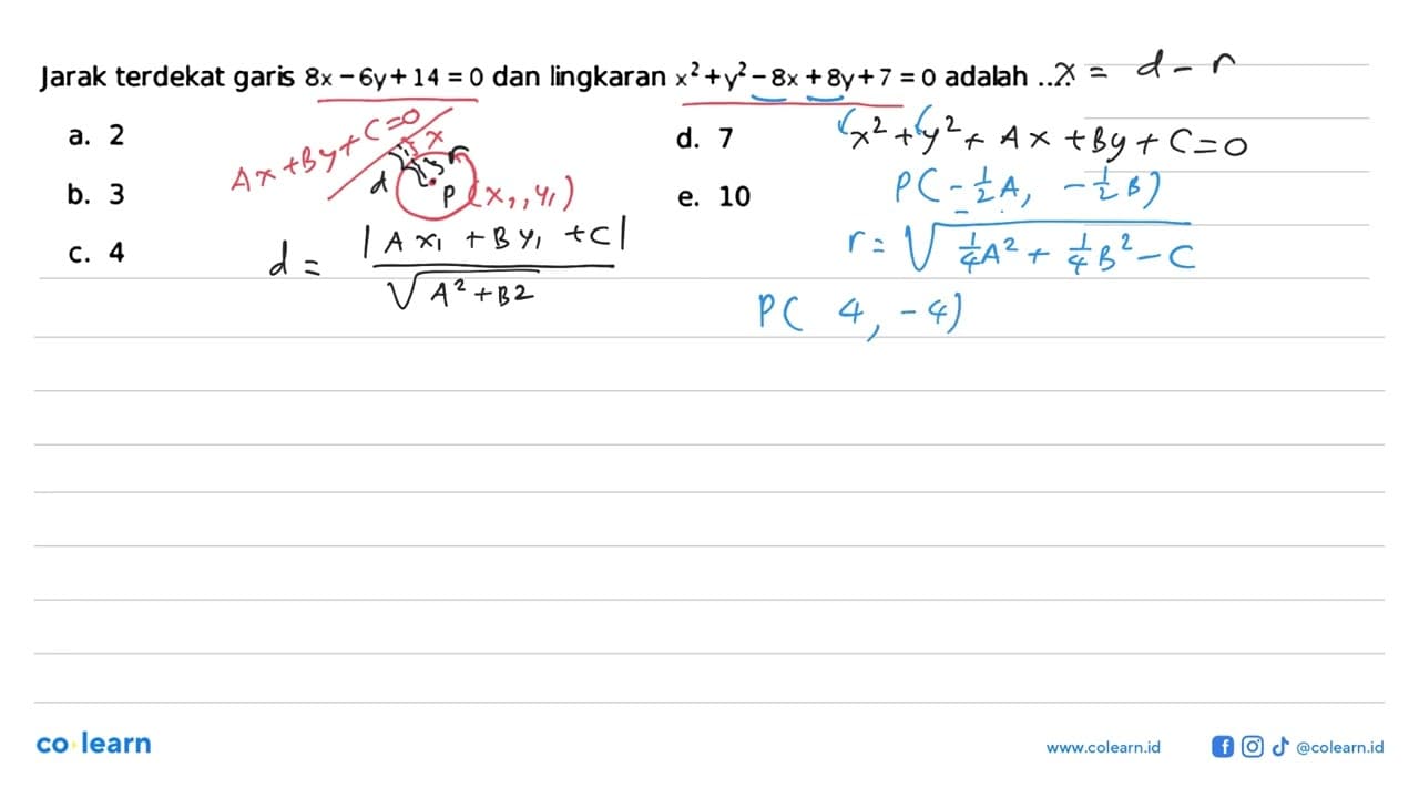 Jarak terdekat garis 8x-6y+14=0 dan lingkaran