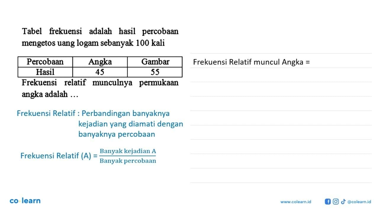 Tabel frekuensi adalah hasil percobaan mengetos uang logam