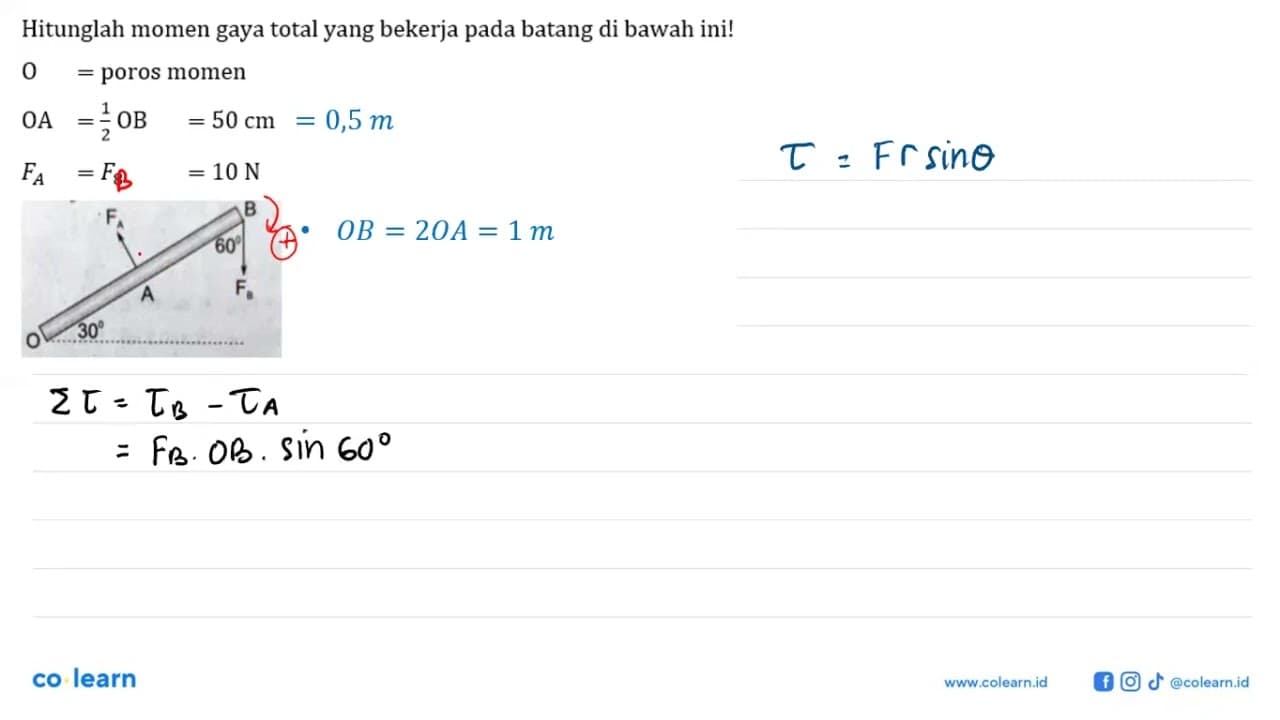 Hitunglah momen gaya total yang bekerja pada batang di