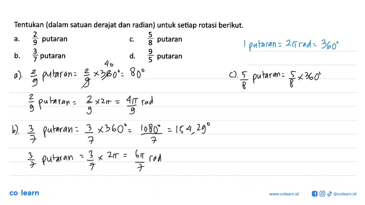 Tentukan (dalam satuan derajat dan radian) untuk setiap