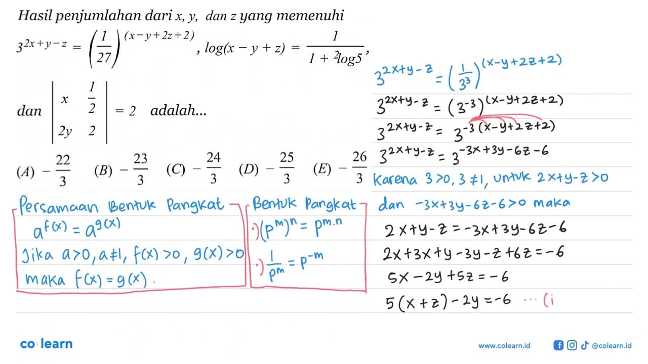 Hasil penjumlahan dari x, y, dan z yang memenuhi 3^(2x+y-z)