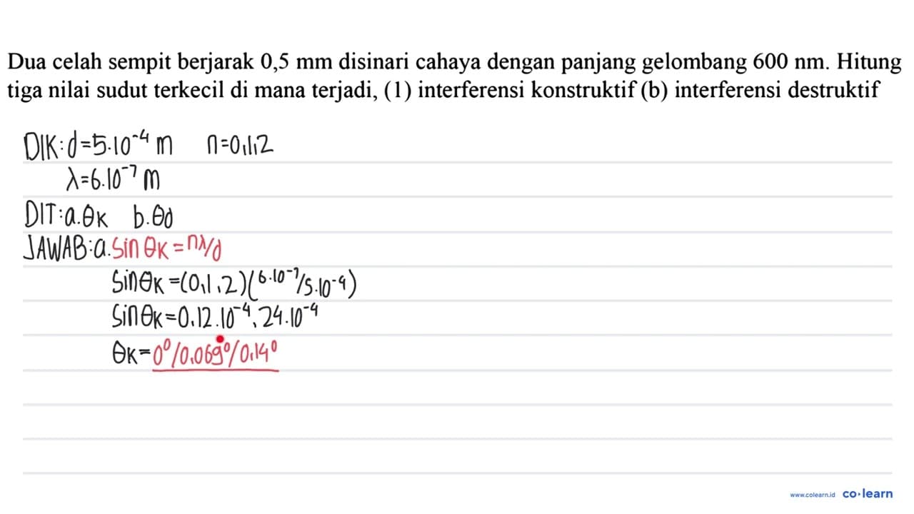 Dua celah sempit berjarak 0,5 ~mm disinari cahaya dengan