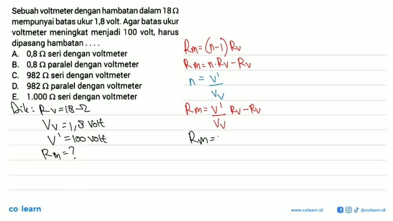 Sebuah voltmeter dengan hambatan dalam 18 Ohm mempunyai