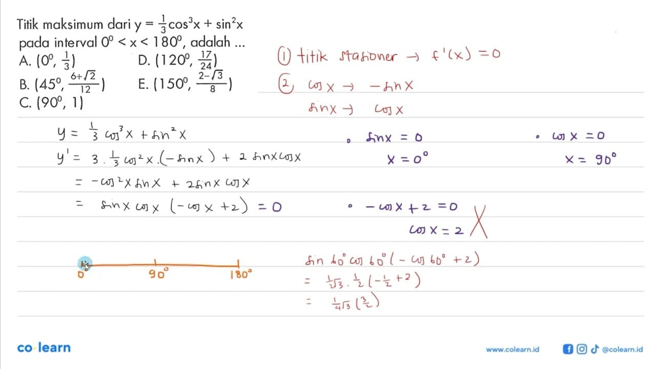 Titik maksimum dari y=1/3 cos^2 x + sin^2 x pada interval