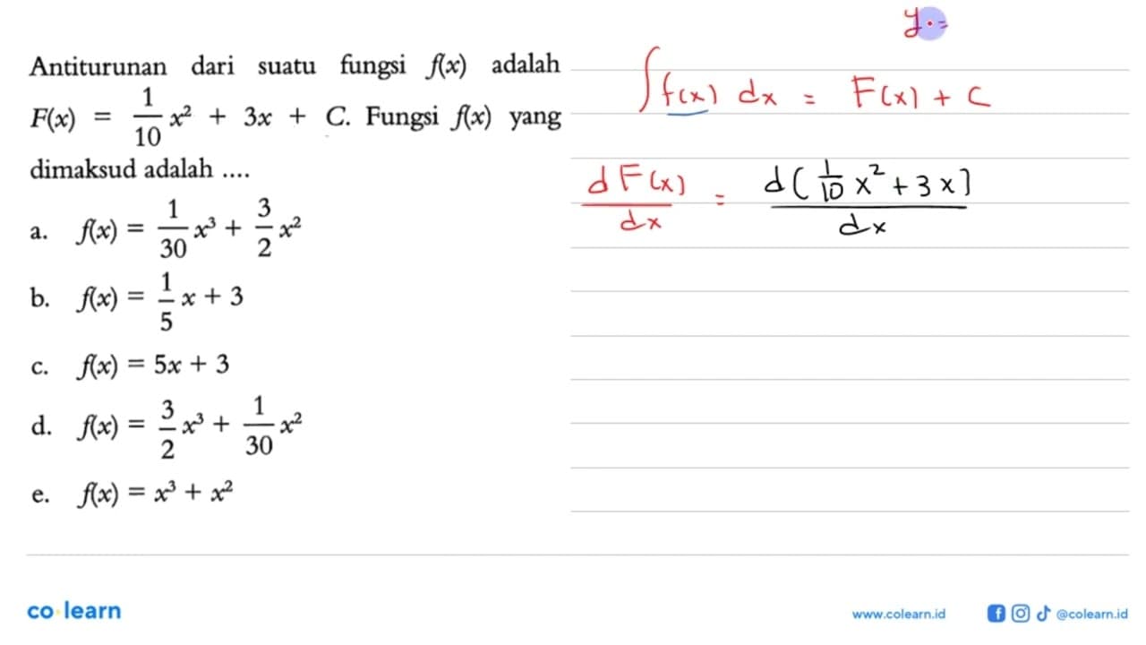 Antiturunan dari suatu fungsi f(x) adalah F(x) = 1/10x^2 +