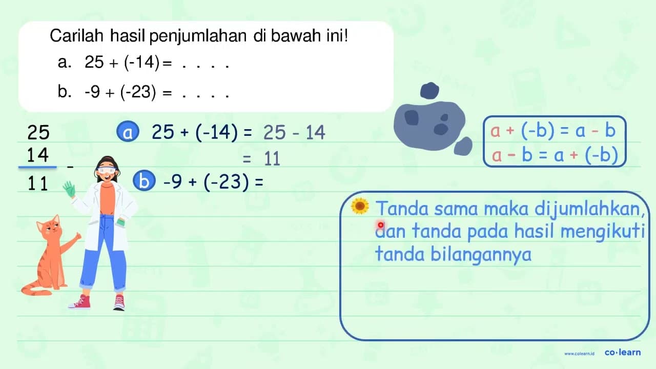 Carilah hasil penjumlahan di bawah ini! a. 25+(-14)=... .