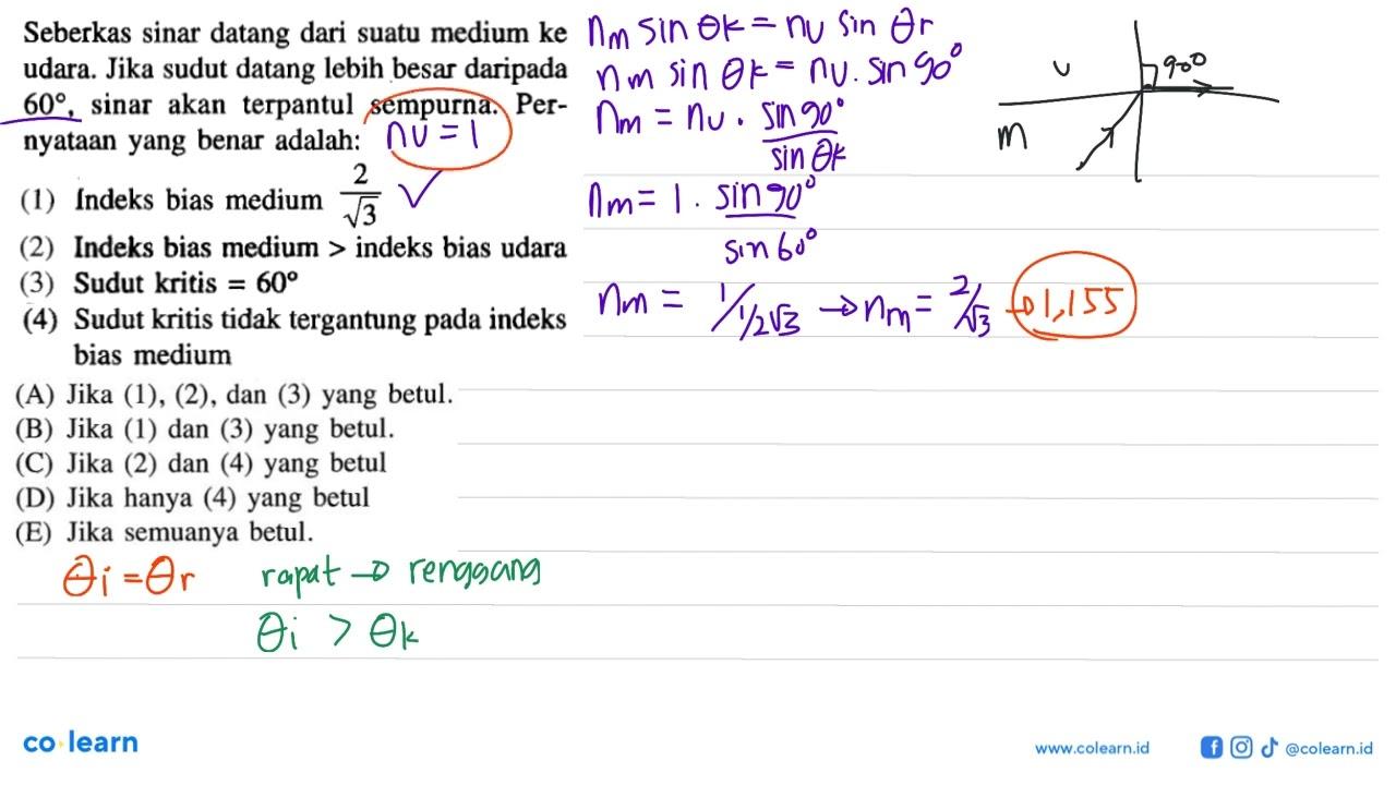 Seberkas sinar datang dari suatu medium ke udara. Jika