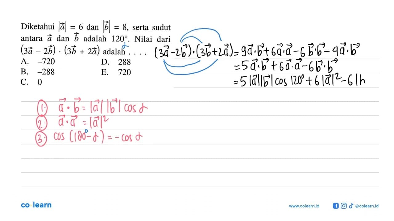 Diketahui |vektor a|=6 dan |vektor b|=8, serta sudut antara