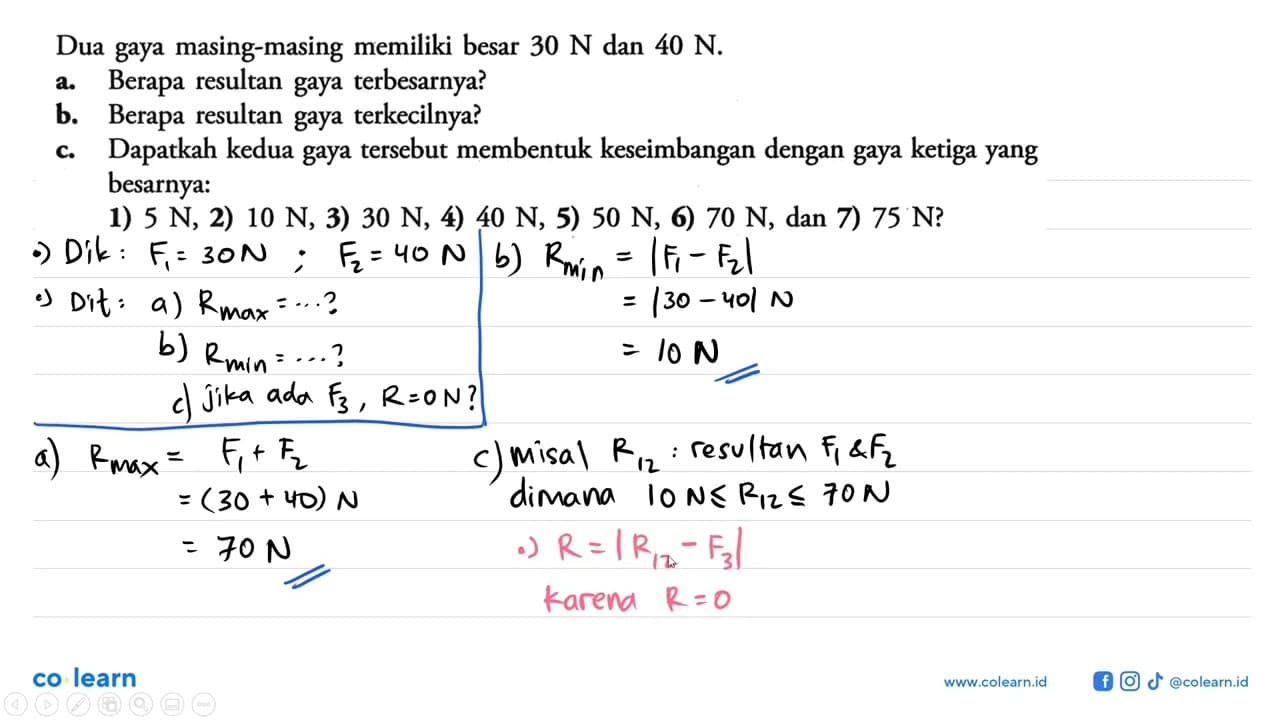 Dua gaya masing-masing memiliki besar 30 N dan 40 N.a.