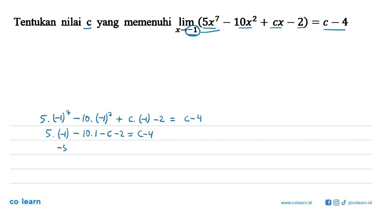 Tentukan nilai c yang memenuhi limit x->-1