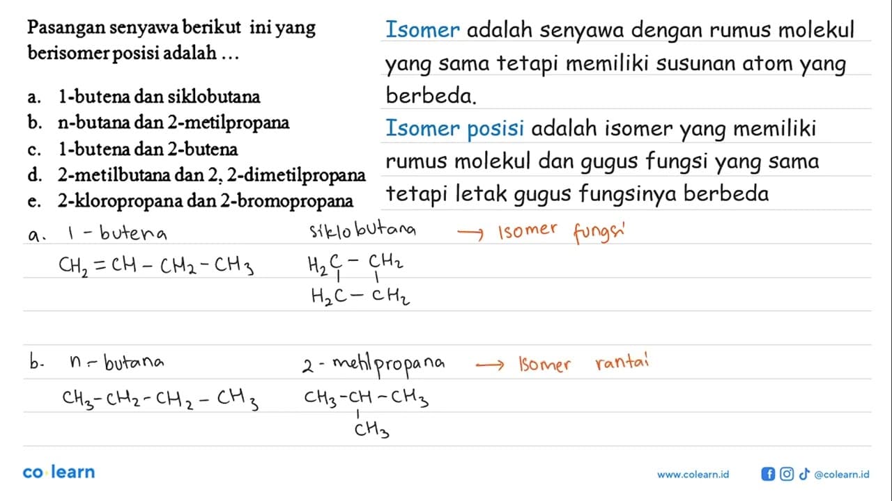 Pasangan senyawa berikut ini yang berisomer posisi adalah