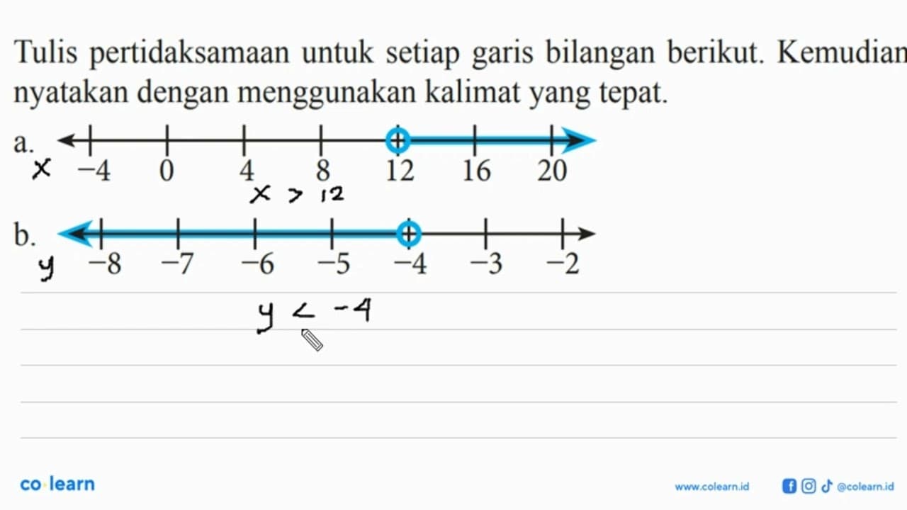 Tulis pertidaksamaan untuk setiap garis bilangan berikut.