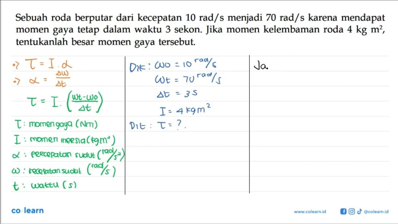 Sebuah roda berputar dari kecepatan 10 rad/s menjadi 70