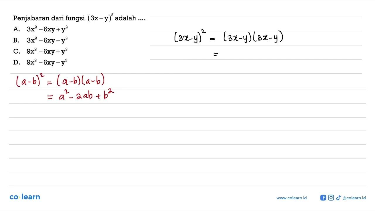 Penjabaran dari fungsi (3x - y)^2 adalah ....