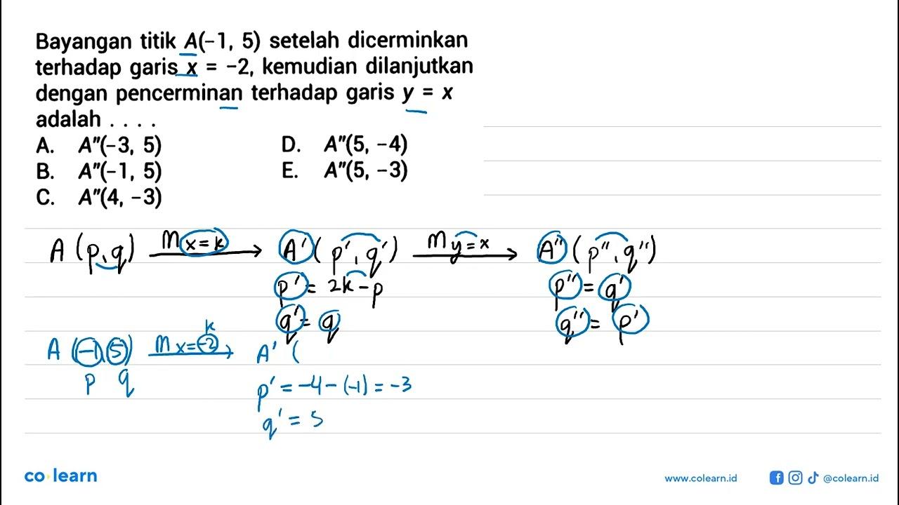 Bayangan titik A(-1, 5) setelah dicerminkan terhadap garis