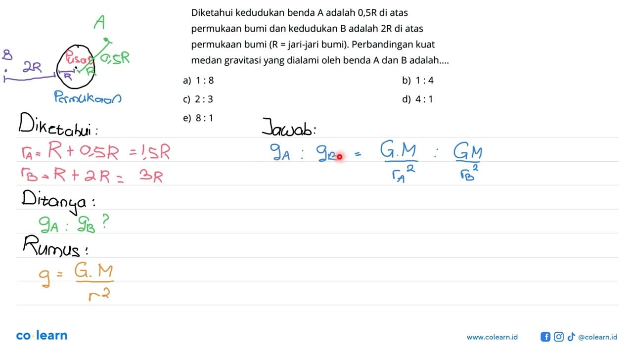 Diketahui kedudukan benda A adalah 0,5R di atas permukaan